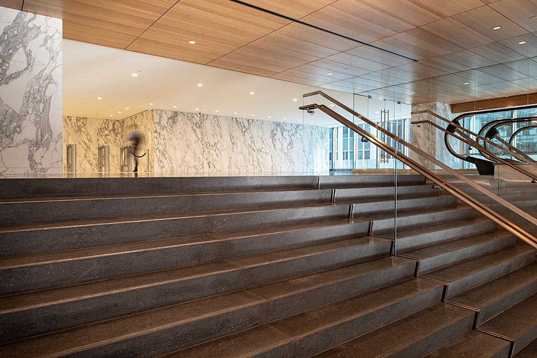 Detailed view of the 2000 L Street Alexander Court project, emphasizing the precision stonework and architectural features by Rugo Stone.
