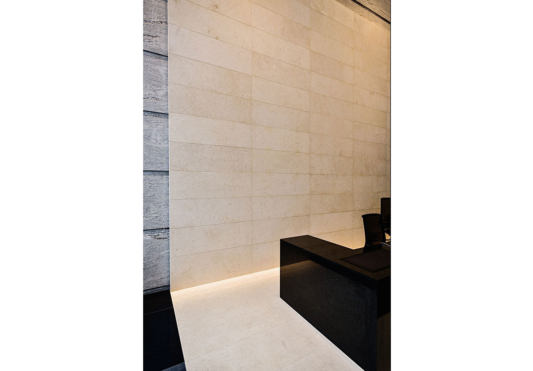 Another view of the lobby at Rugo Stone's 600 Massachusetts project, highlighting the precision stonework and architectural craftsmanship.
