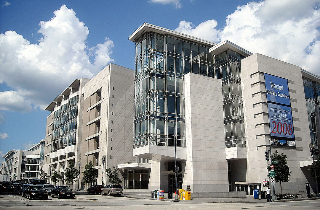 Exterior view of the Washington DC Convention Center, highlighting Rugo Stone’s expert stone craftsmanship and architectural detailing.