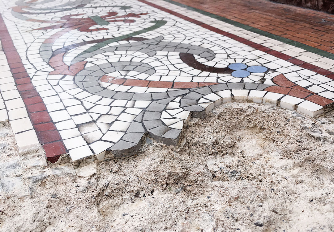 Wide view of the stunning mosaic at Basilica Co-Cathedral of the Sacred Heart, highlighting its intricate design and vibrant colors.