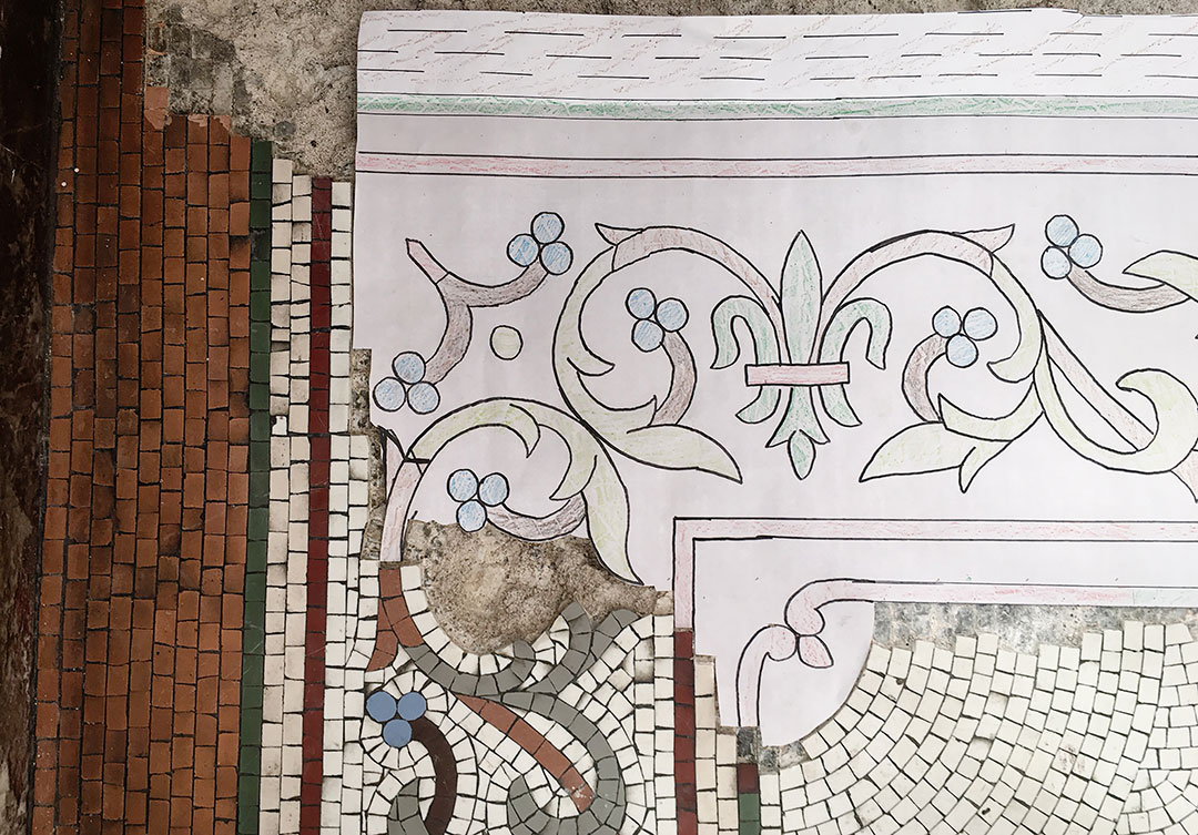 Detailed view of the mosaic at Basilica Co-Cathedral of the Sacred Heart, highlighting the vibrant colors and intricate design.