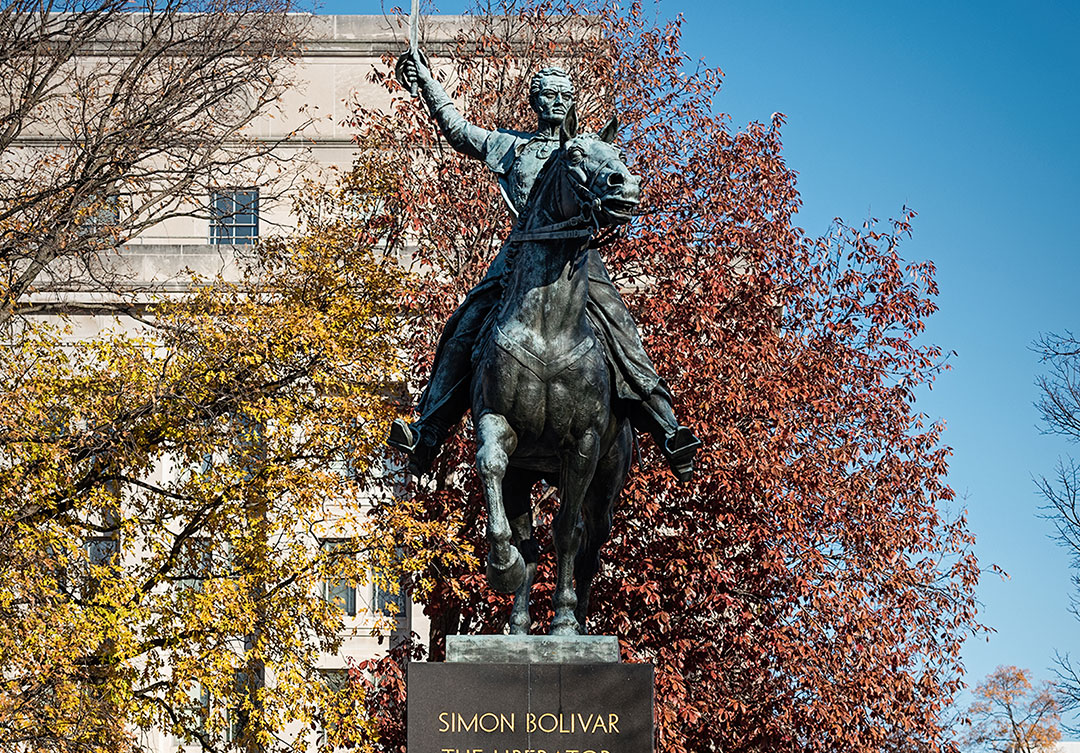 Close-up of the General Simon Bolivar statue, highlighting its detailed sculpture and historical significance.
