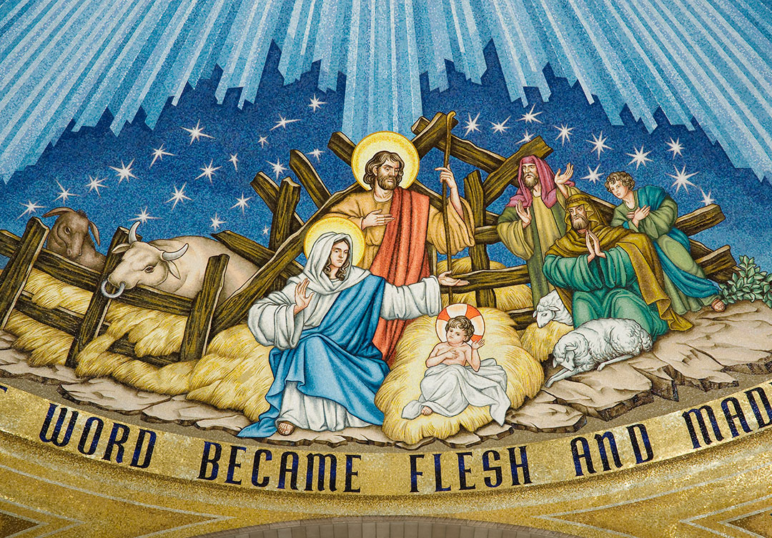 Mosaic artwork at the Knights of Columbus Incarnation, featuring intricate stonework and vibrant design elements.