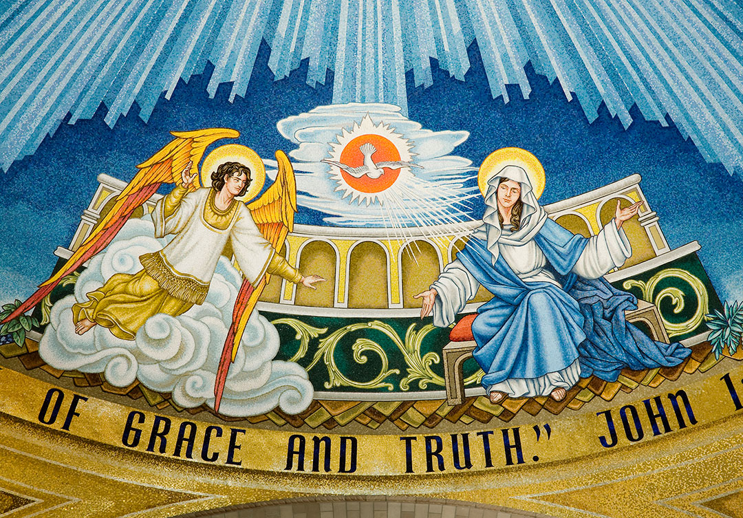 Detailed mosaic artwork at the Knights of Columbus Incarnation, showcasing intricate stone craftsmanship and vibrant design.
