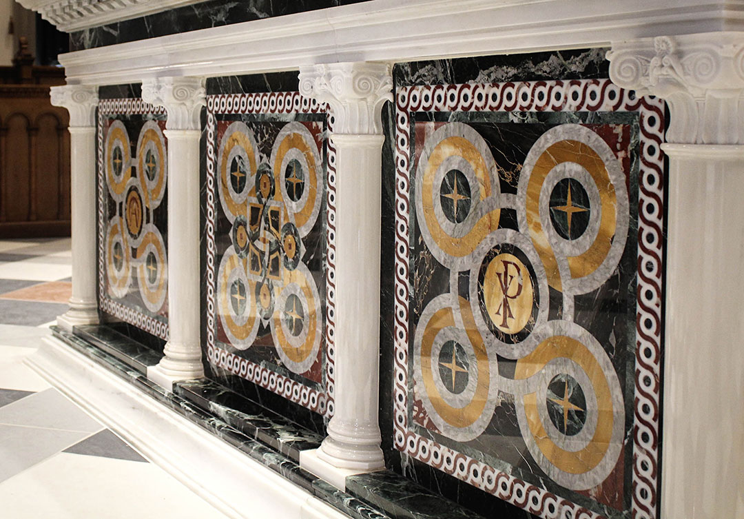 Saint Mary Help of Christians with refined stone detailing and expert craftsmanship by Rugo Stone.