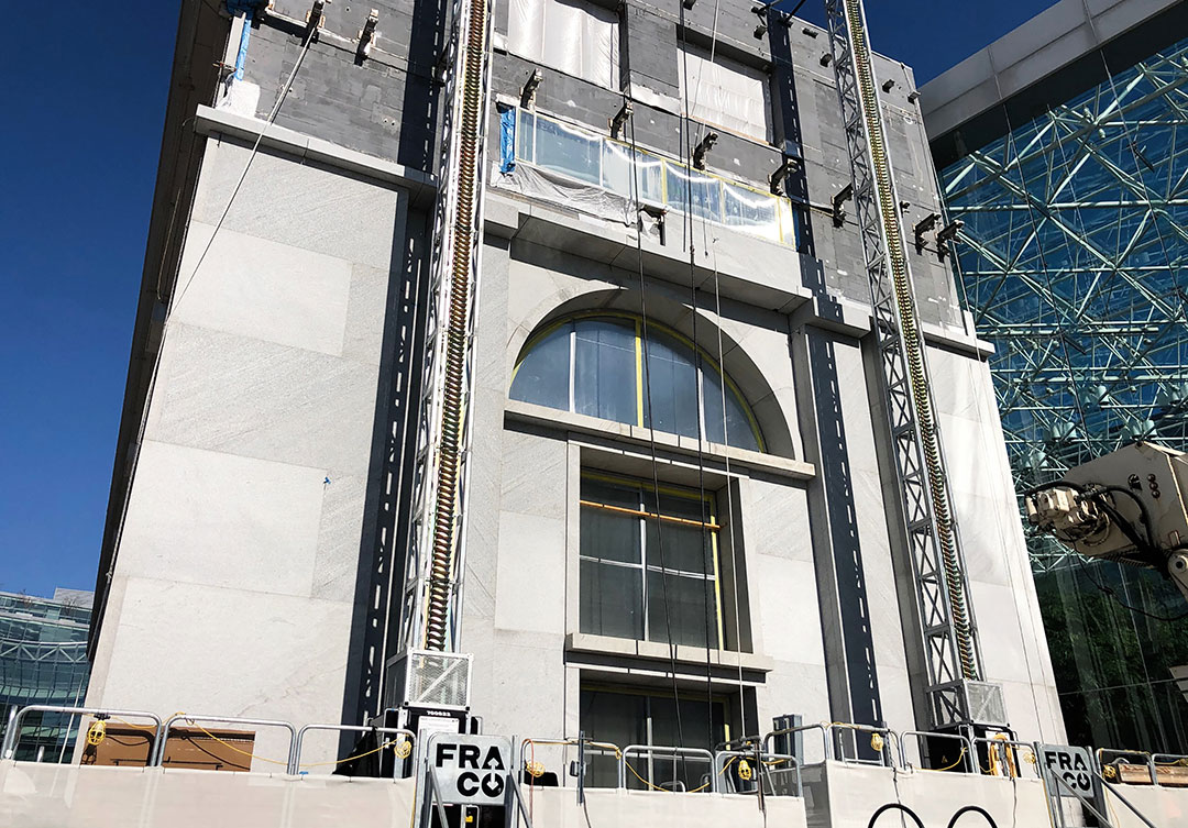 View of the Thurgood Marshall Federal Building’s façade, emphasizing its iconic columns and impressive architectural design.