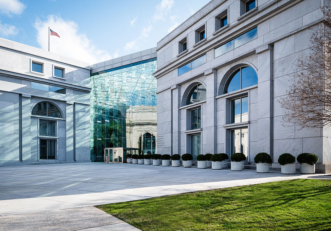 Detailed view of the Thurgood Marshall Federal Building’s columns and architectural design, showcasing its neoclassical style.