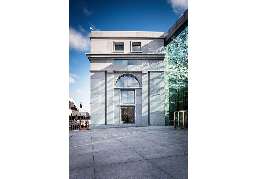 Panoramic view of the Thurgood Marshall Federal Building, emphasizing its grand scale and architectural elegance.