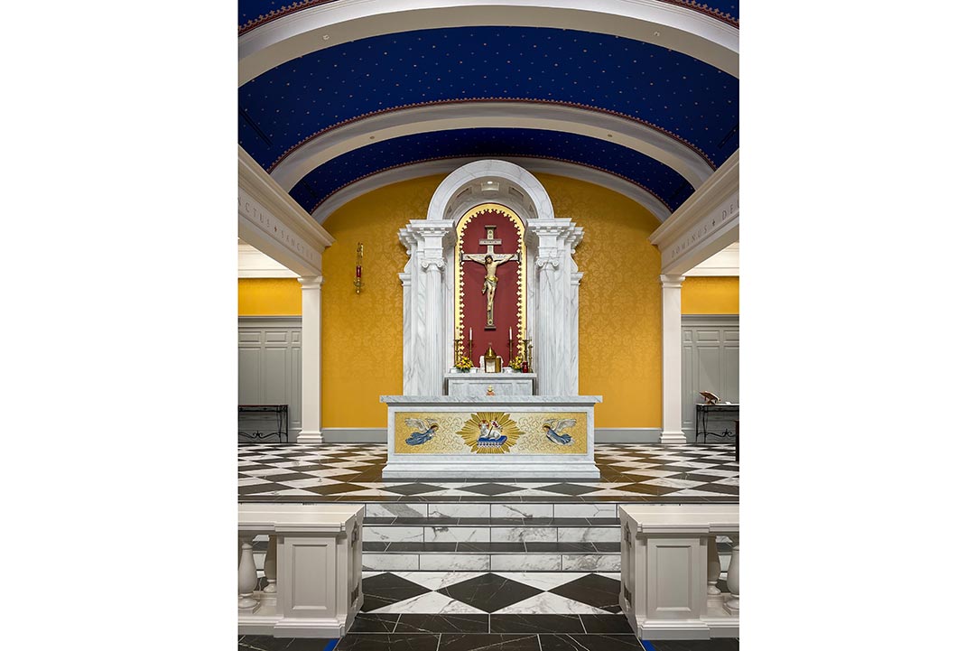 Natural Stone Design & Stonework Fabrication | Detailed View of Marble Carvings on St. Monica Altar by Rugo Stone