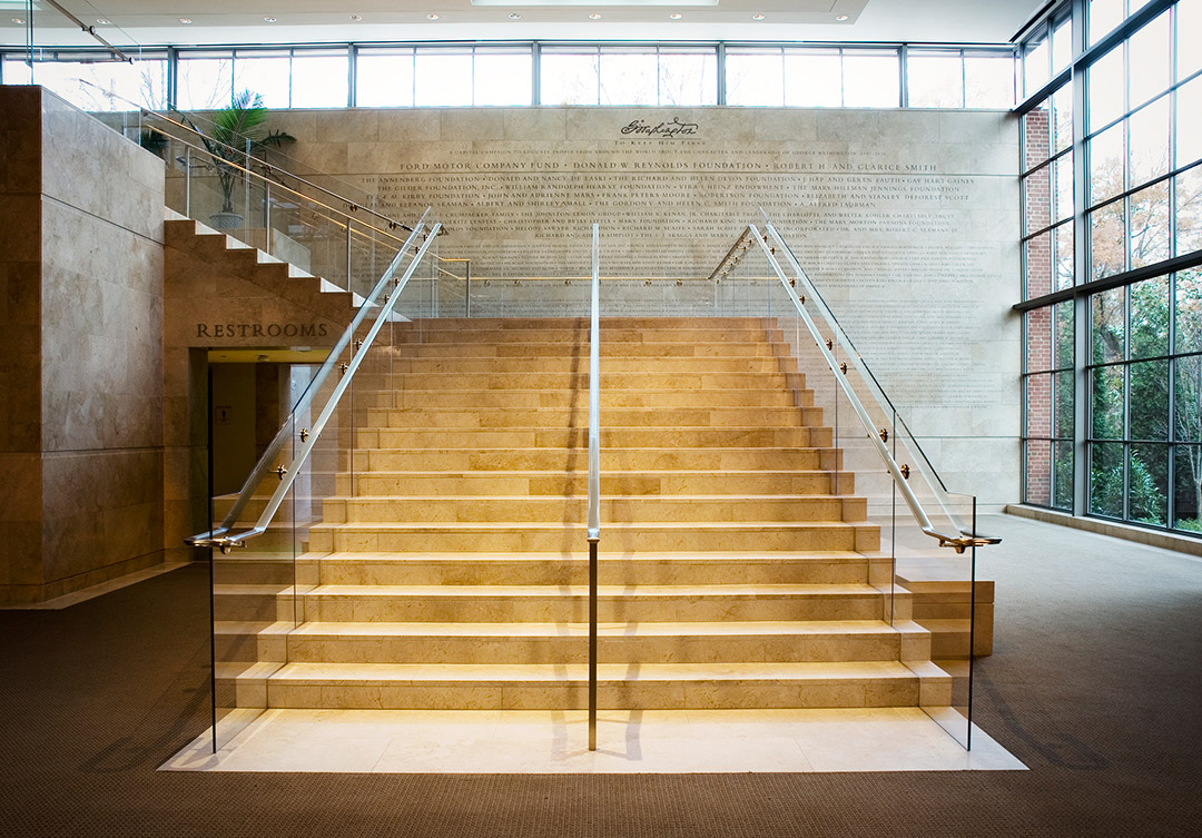 Intricate stone detailing at the Donald W. Reynolds Museum, showcasing fine craftsmanship and elaborate design.