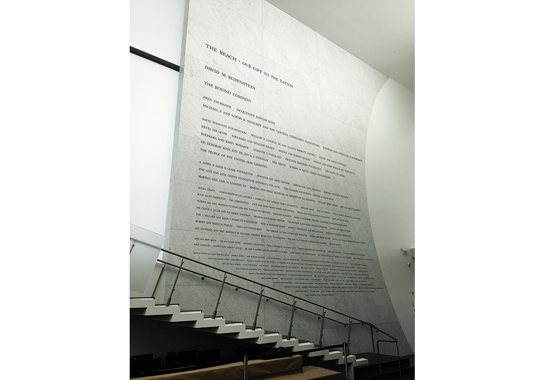 Elegant stonework on the Kennedy Center Reach Donor Wall, featuring intricate carvings and expert craftsmanship.