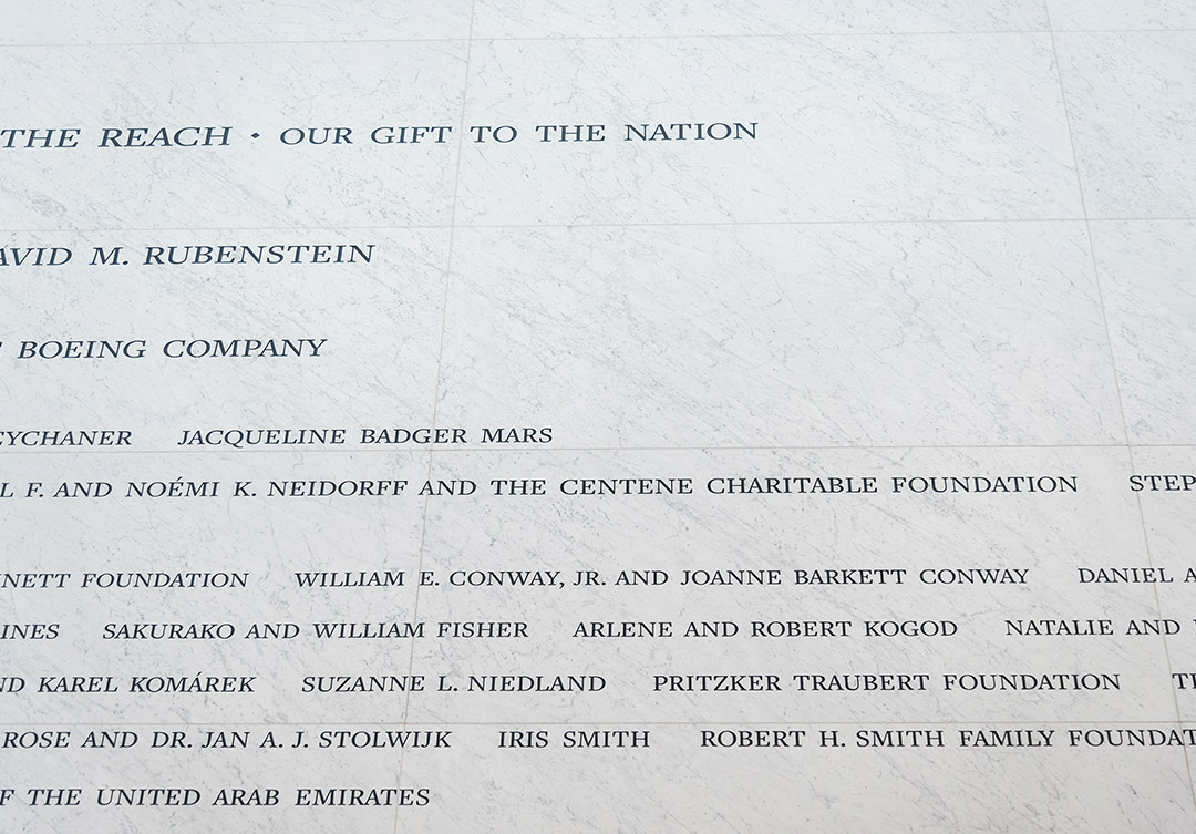Exquisite stonework on the Kennedy Center Reach Donor Wall, highlighting detailed carvings and exceptional craftsmanship.