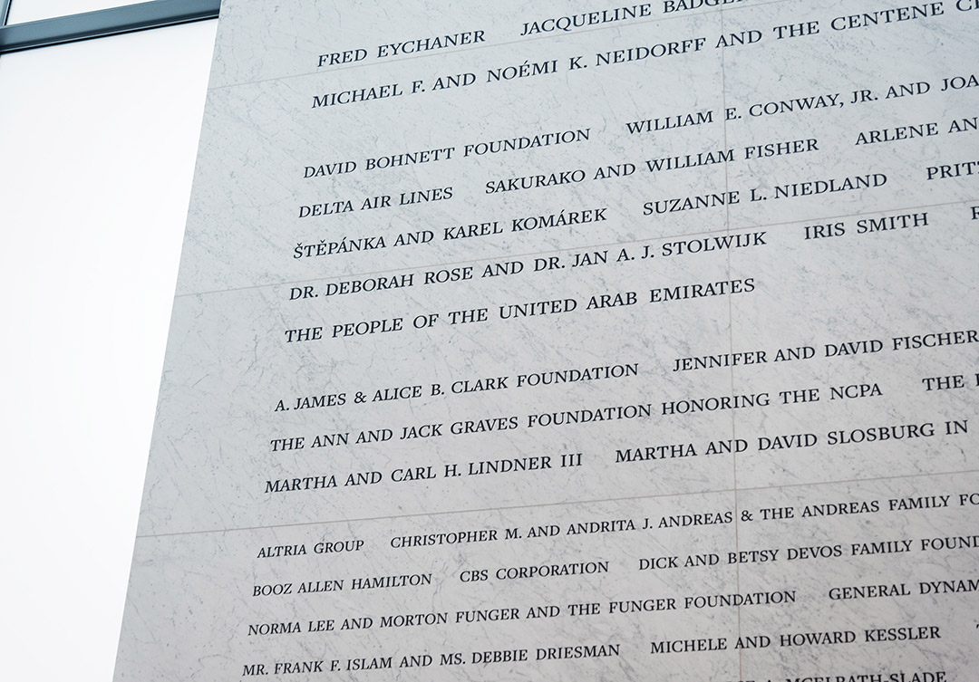 Intricate stone detailing on the Kennedy Center Reach Donor Wall, showcasing masterful craftsmanship and elegant design.
