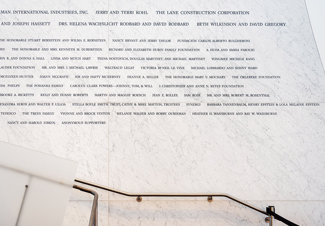 Detailed stonework on the Kennedy Center Reach Donor Wall, showcasing fine craftsmanship and intricate design elements.