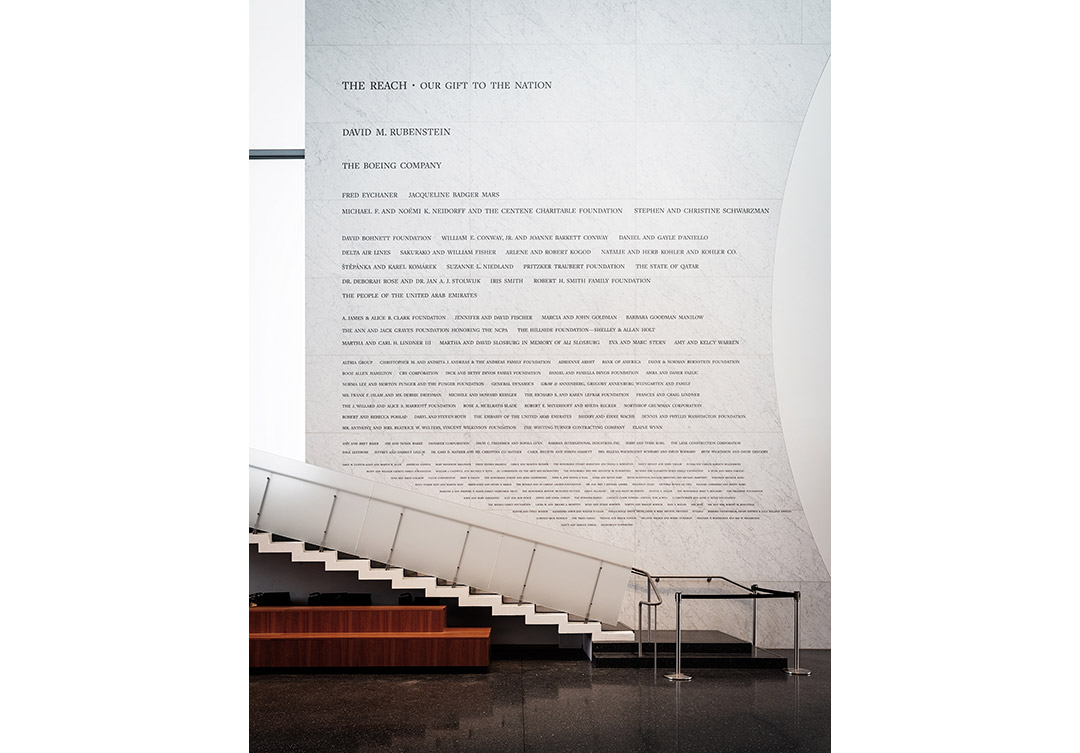 Elegant stonework on the Kennedy Center Reach Donor Wall, featuring detailed carvings and expert craftsmanship.