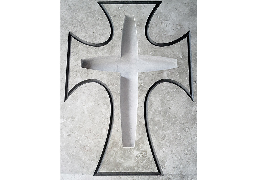 Exquisite stone engraving in the Mercy Medical lobby, highlighting fine details and exceptional craftsmanship.