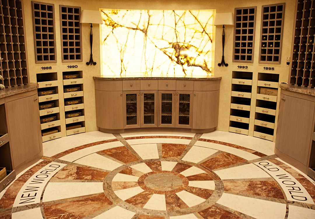 Elegant stone detailing in the wine cellar at the Trone Residence, showcasing exceptional craftsmanship and intricate design.