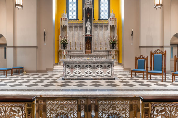 Corpus Christi Altar Of Sacrifice Crafted By Rugo Stone, Featuring Intricate Stone Design And Liturgical Artistry In A Sacred Space