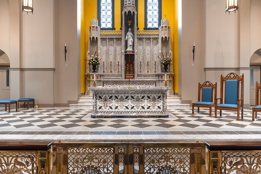 Corpus Christi Altar of Sacrifice crafted by Rugo Stone, featuring intricate stone design and liturgical artistry in a sacred space