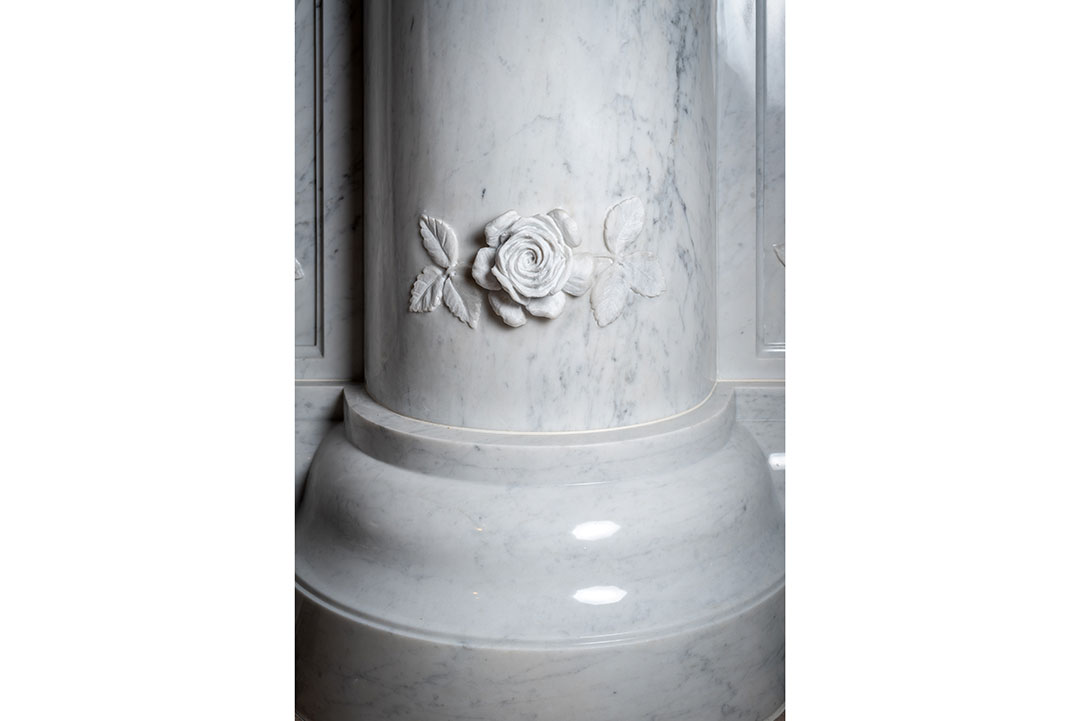 Rear view of marble sculpture of Venerable Cornelia Connelly by Rugo Stone – Specialists in Custom Stone Carving & Natural Stone Design