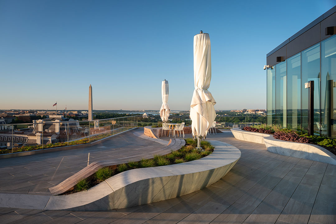 Refined exterior stonework at 1700 Penn, showcasing detailed craftsmanship and architectural elegance.