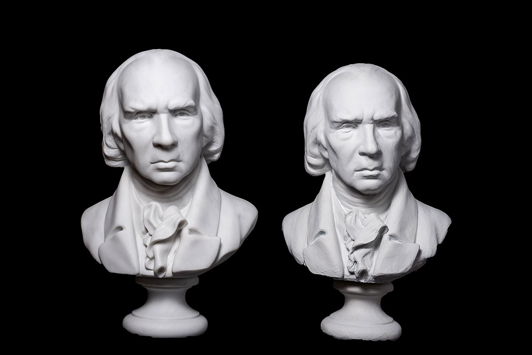 Hand-carved stone bust of Madison, featuring intricate details and expert craftsmanship in sculpture.