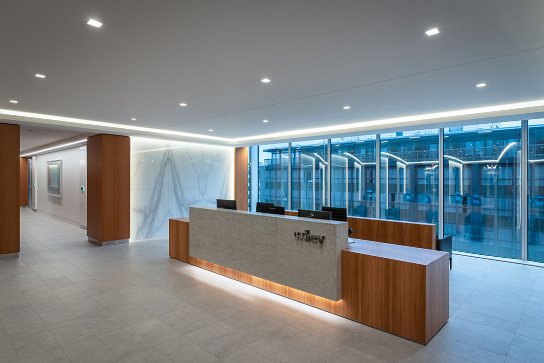 Elegant interior stonework at Wiley Commercial, featuring fine detailing and expert craftsmanship in architectural design.