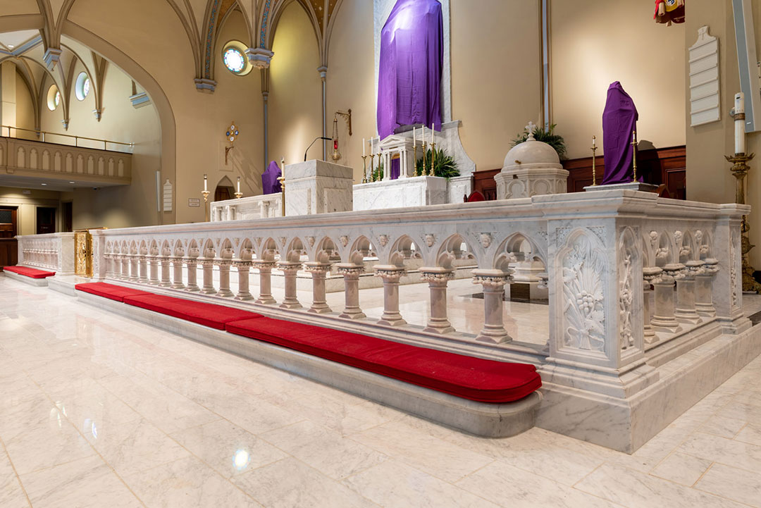 Marble restoration work in sanctuary at Basilica of Saint Mary by Rugo Stone – Experts in Historic Stone Preservation & Architectural Restoration