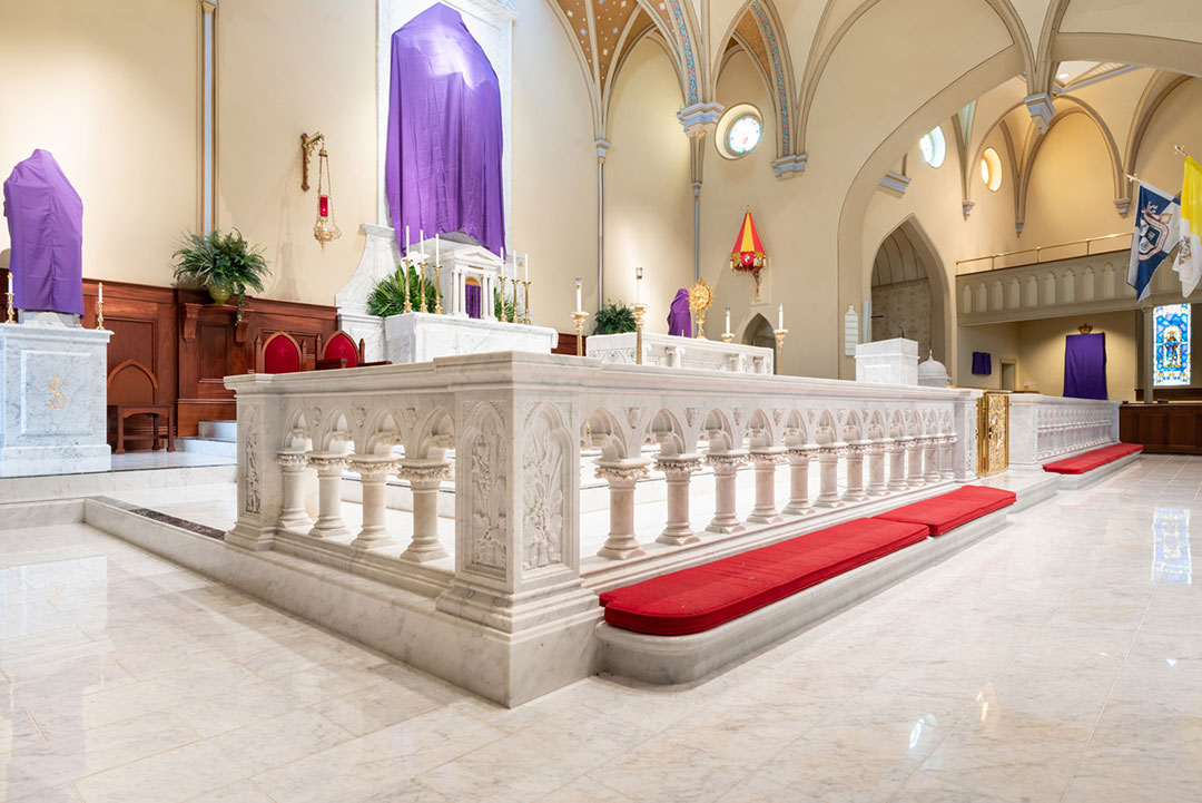 Ornate marble altar and restored sanctuary at Basilica of Saint Mary by Rugo Stone – Specialists in Church Stone Restoration & Fabrication