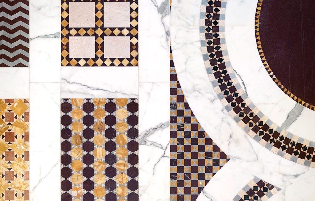Cosmati marble floors featuring intricate geometric patterns and elegant craftsmanship in natural stonework