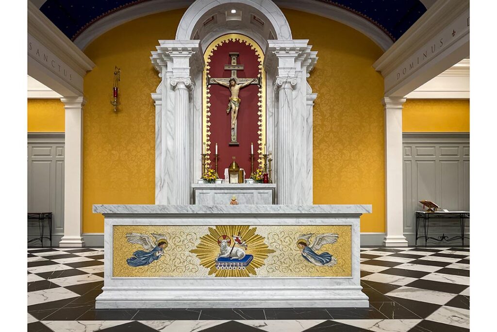 Architectural design of a church featuring custom stone elements and intricate craftsmanship.