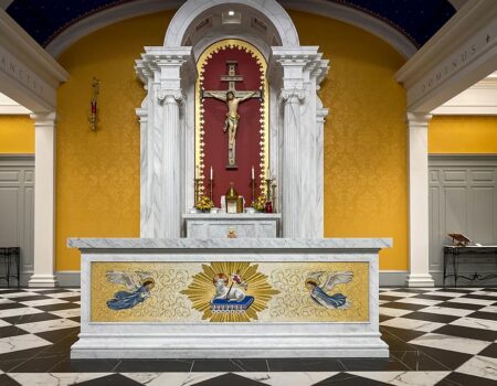 Architectural Design Of A Church Featuring Custom Stone Elements And Intricate Craftsmanship.