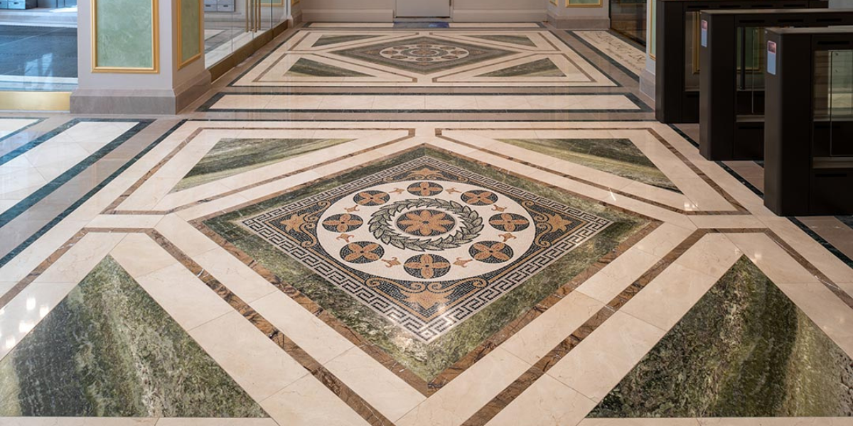 Close-up of elegant Italian marble stonework, showcasing its luxurious texture and precision craftsmanship